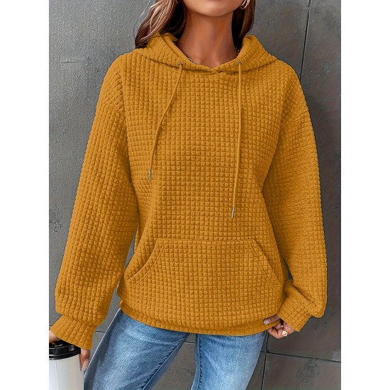 Plus Size Solid Color Waffle Long Sleeve Hooded Sweatshirt, Casual Drawstring Kangaroo Pocket Hoodie, Women's Clothing Plus Size Solid Color Waffle Long Sleeve Hooded Sweatshirt, Casual Drawstring Kangaroo Pocket Hoodie, Women's Clothing
