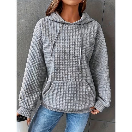 Plus Size Solid Color Waffle Long Sleeve Hooded Sweatshirt, Casual Drawstring Kangaroo Pocket Hoodie, Women's Clothing Plus Size Solid Color Waffle Long Sleeve Hooded Sweatshirt, Casual Drawstring Kangaroo Pocket Hoodie, Women's Clothing