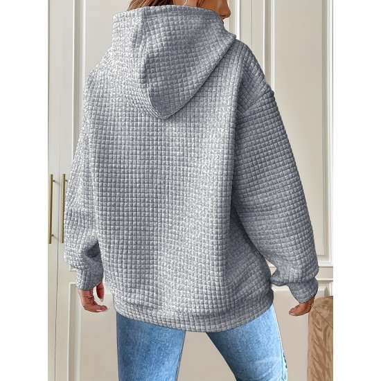 Plus Size Solid Color Waffle Long Sleeve Hooded Sweatshirt, Casual Drawstring Kangaroo Pocket Hoodie, Women's Clothing Plus Size Solid Color Waffle Long Sleeve Hooded Sweatshirt, Casual Drawstring Kangaroo Pocket Hoodie, Women's Clothing