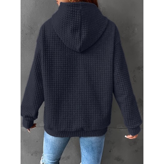 Plus Size Solid Color Waffle Long Sleeve Hooded Sweatshirt, Casual Drawstring Kangaroo Pocket Hoodie, Women's Clothing Plus Size Solid Color Waffle Long Sleeve Hooded Sweatshirt, Casual Drawstring Kangaroo Pocket Hoodie, Women's Clothing