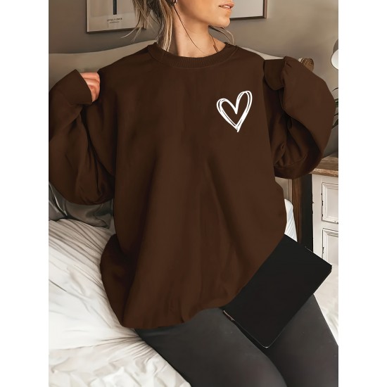 Plus Size Heart Print Pullover Sweatshirt, Casual Long Sleeve Crew Neck Sweatshirt For Fall & Spring, Women's Plus Size Clothing Plus Size Heart Print Pullover Sweatshirt, Casual Long Sleeve Crew Neck Sweatshirt For Fall & Spring, Women's Plus Size Clothing