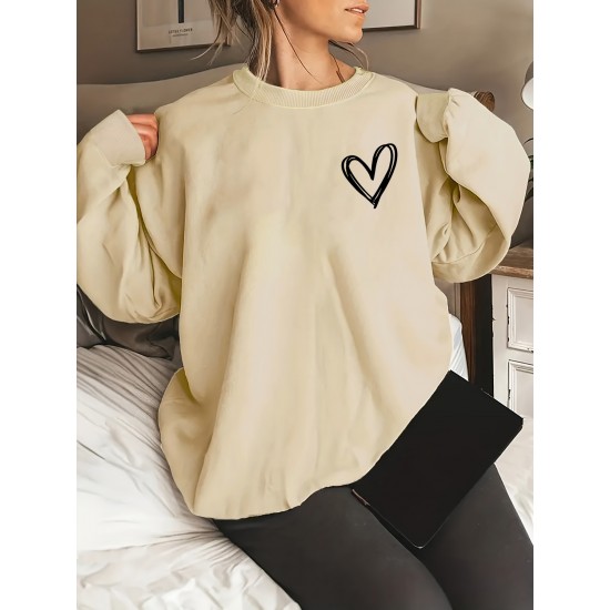 Plus Size Heart Print Pullover Sweatshirt, Casual Long Sleeve Crew Neck Sweatshirt For Fall & Spring, Women's Plus Size Clothing Plus Size Heart Print Pullover Sweatshirt, Casual Long Sleeve Crew Neck Sweatshirt For Fall & Spring, Women's Plus Size Clothing
