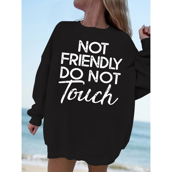 Plus Size Do Not Touch Print Sweatshirt, Casual Long Sleeve Crew Neck Pullover Sweatshirt, Women's Plus Size Clothing Plus Size Do Not Touch Print Sweatshirt, Casual Long Sleeve Crew Neck Pullover Sweatshirt, Women's Plus Size Clothing