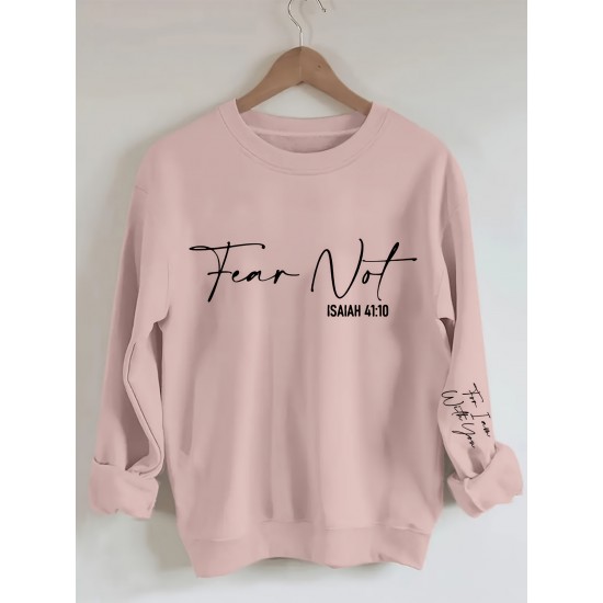 Plus Size Fear Not Print Pullover Sweatshirt, Casual Long Sleeve Crew Neck Sweatshirt For Fall & Winter, Women's Plus Size Clothing Plus Size Fear Not Print Pullover Sweatshirt, Casual Long Sleeve Crew Neck Sweatshirt For Fall & Winter, Women's Plus Size Clothing