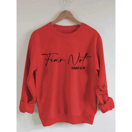 Plus Size Fear Not Print Pullover Sweatshirt, Casual Long Sleeve Crew Neck Sweatshirt For Fall & Winter, Women's Plus Size Clothing Plus Size Fear Not Print Pullover Sweatshirt, Casual Long Sleeve Crew Neck Sweatshirt For Fall & Winter, Women's Plus Size Clothing