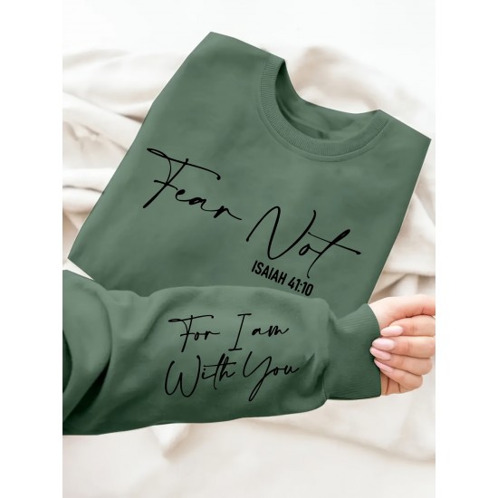 Plus Size Fear Not Print Pullover Sweatshirt, Casual Long Sleeve Crew Neck Sweatshirt For Fall & Winter, Women's Plus Size Clothing Plus Size Fear Not Print Pullover Sweatshirt, Casual Long Sleeve Crew Neck Sweatshirt For Fall & Winter, Women's Plus Size Clothing