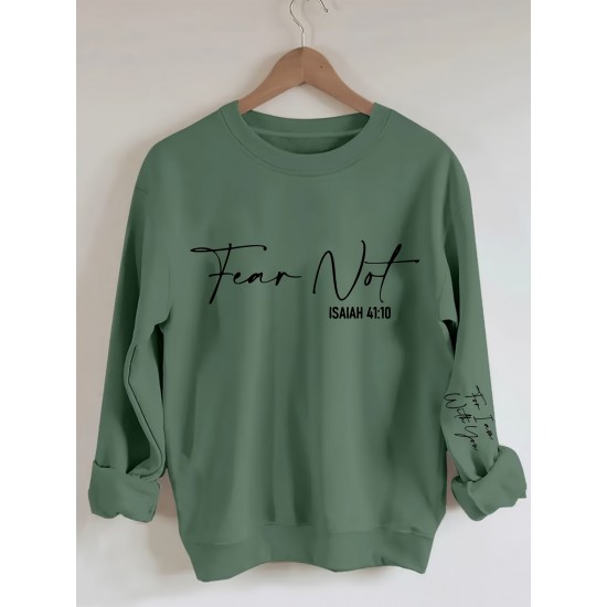 Plus Size Fear Not Print Pullover Sweatshirt, Casual Long Sleeve Crew Neck Sweatshirt For Fall & Winter, Women's Plus Size Clothing Plus Size Fear Not Print Pullover Sweatshirt, Casual Long Sleeve Crew Neck Sweatshirt For Fall & Winter, Women's Plus Size Clothing