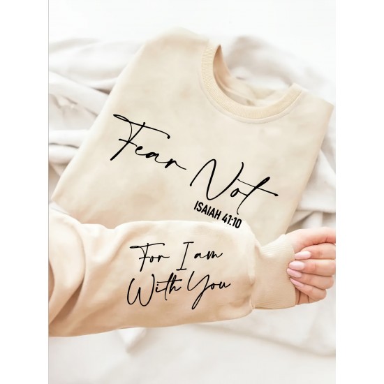 Plus Size Fear Not Print Pullover Sweatshirt, Casual Long Sleeve Crew Neck Sweatshirt For Fall & Winter, Women's Plus Size Clothing Plus Size Fear Not Print Pullover Sweatshirt, Casual Long Sleeve Crew Neck Sweatshirt For Fall & Winter, Women's Plus Size Clothing