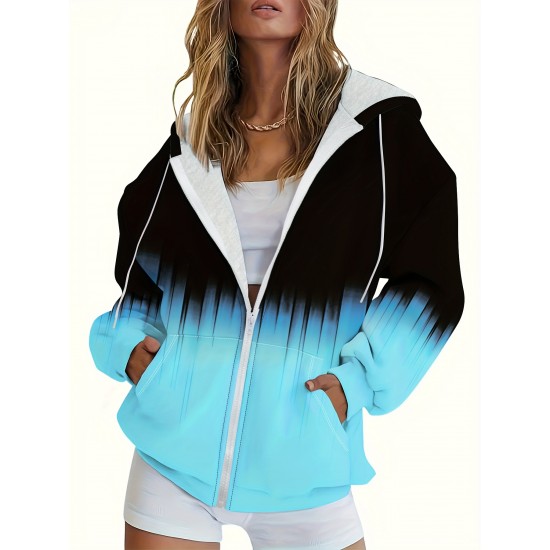 Plus Size Color Block Zip Front Hoodie, Casual Drawstring Kangaroo Pocket Long Sleeve Hooded Sweatshirt, Women's Plus Size Clothing Plus Size Color Block Zip Front Hoodie, Casual Drawstring Kangaroo Pocket Long Sleeve Hooded Sweatshirt, Women's Plus Size Clothing