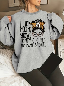 Plus Size Letter Print Sweatshirt, Casual Crew Neck Long Sleeve Pullover Sweatshirt For Spring & Fall, Women's Plus Size Clothing