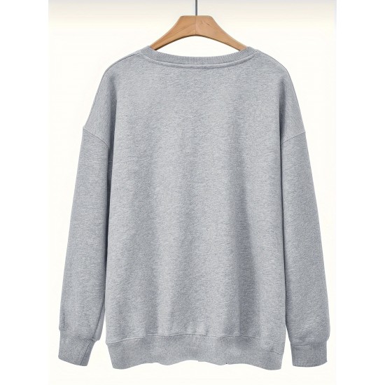 Plus Size Letter Print Sweatshirt, Casual Crew Neck Long Sleeve Pullover Sweatshirt For Spring & Fall, Women's Plus Size Clothing Plus Size Letter Print Sweatshirt, Casual Crew Neck Long Sleeve Pullover Sweatshirt For Spring & Fall, Women's Plus Size Clothing