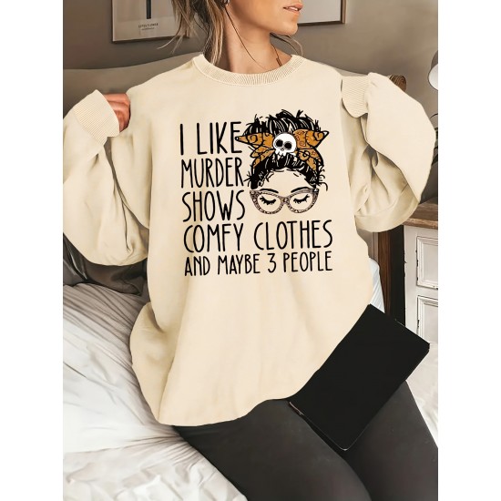 Plus Size Letter Print Sweatshirt, Casual Crew Neck Long Sleeve Pullover Sweatshirt For Spring & Fall, Women's Plus Size Clothing Plus Size Letter Print Sweatshirt, Casual Crew Neck Long Sleeve Pullover Sweatshirt For Spring & Fall, Women's Plus Size Clothing
