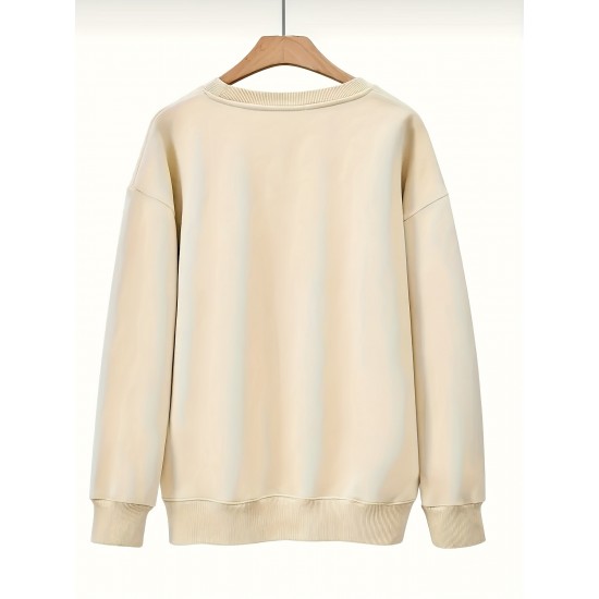 Plus Size Letter Print Sweatshirt, Casual Crew Neck Long Sleeve Pullover Sweatshirt For Spring & Fall, Women's Plus Size Clothing Plus Size Letter Print Sweatshirt, Casual Crew Neck Long Sleeve Pullover Sweatshirt For Spring & Fall, Women's Plus Size Clothing