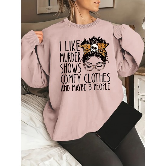 Plus Size Letter Print Sweatshirt, Casual Crew Neck Long Sleeve Pullover Sweatshirt For Spring & Fall, Women's Plus Size Clothing Plus Size Letter Print Sweatshirt, Casual Crew Neck Long Sleeve Pullover Sweatshirt For Spring & Fall, Women's Plus Size Clothing