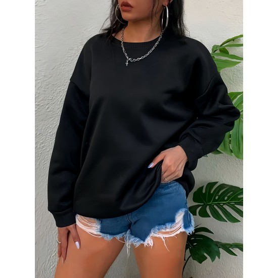 1pc Women'S Plus Size Fashion Sweatshirt, 100% Polyester Crew Neck Pullover with Slight Stretch, Solid Color Knit Fabric for Fall/Winter 1pc Women'S Plus Size Fashion Sweatshirt, 100% Polyester Crew Neck Pullover with Slight Stretch, Solid Color Knit Fabric for Fall/Winter