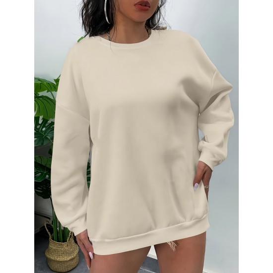 1pc Women'S Plus Size Fashion Sweatshirt, 100% Polyester Crew Neck Pullover with Slight Stretch, Solid Color Knit Fabric for Fall/Winter 1pc Women'S Plus Size Fashion Sweatshirt, 100% Polyester Crew Neck Pullover with Slight Stretch, Solid Color Knit Fabric for Fall/Winter