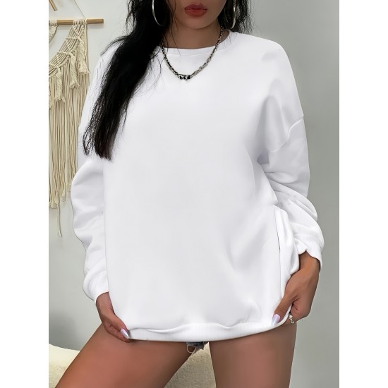1pc Women'S Plus Size Fashion Sweatshirt, 100% Polyester Crew Neck Pullover with Slight Stretch, Solid Color Knit Fabric for Fall/Winter 1pc Women'S Plus Size Fashion Sweatshirt, 100% Polyester Crew Neck Pullover with Slight Stretch, Solid Color Knit Fabric for Fall/Winter