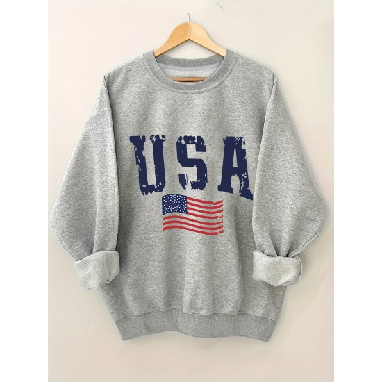 Plus Size USA Print Pullover Sweatshirt, Casual Long Sleeve Crew Neck Sweatshirt For Fall & Spring, Women's Plus Size Clothing Plus Size USA Print Pullover Sweatshirt, Casual Long Sleeve Crew Neck Sweatshirt For Fall & Spring, Women's Plus Size Clothing