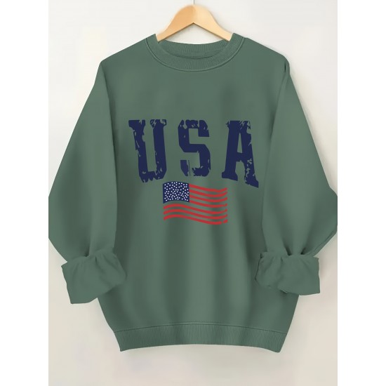 Plus Size USA Print Pullover Sweatshirt, Casual Long Sleeve Crew Neck Sweatshirt For Fall & Spring, Women's Plus Size Clothing Plus Size USA Print Pullover Sweatshirt, Casual Long Sleeve Crew Neck Sweatshirt For Fall & Spring, Women's Plus Size Clothing