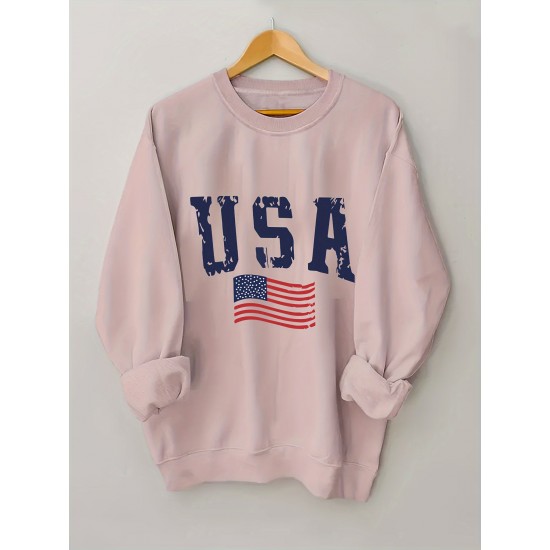Plus Size USA Print Pullover Sweatshirt, Casual Long Sleeve Crew Neck Sweatshirt For Fall & Spring, Women's Plus Size Clothing Plus Size USA Print Pullover Sweatshirt, Casual Long Sleeve Crew Neck Sweatshirt For Fall & Spring, Women's Plus Size Clothing