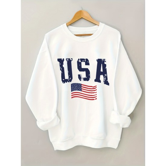 Plus Size USA Print Pullover Sweatshirt, Casual Long Sleeve Crew Neck Sweatshirt For Fall & Spring, Women's Plus Size Clothing Plus Size USA Print Pullover Sweatshirt, Casual Long Sleeve Crew Neck Sweatshirt For Fall & Spring, Women's Plus Size Clothing